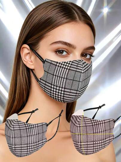 2026 New 3D Plaid Cloth Mask, Adjustable Ear Loops, Reusable & Washable, Fashionable Houndstooth Pattern Mask, Breathable & Comfortable, Soft Cotton, Suitable For Daily, Outdoor, Travel, Shopping, Black & White/Pink Plaid