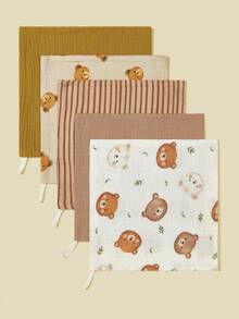 Bộ 5 chiếc yếm ăn cho bé bằng vải cotton mỏng in hình hoa và động vật hoạt hình, khăn ăn, khăn lau nước bọt. - Nhiều màu - Xem 7