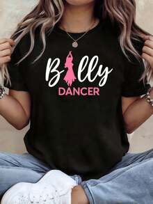 Plus Size Billy DANCER Women's Plus Size Ballerina Print T-Shirt - Short Sleeve Round Neck Stretch Blouse, Suitable For Dance Classes, Performances And Casual Wear, Spring Summer Smart Casual Outfits (Machine Washable) - 黑色 - 查看 1