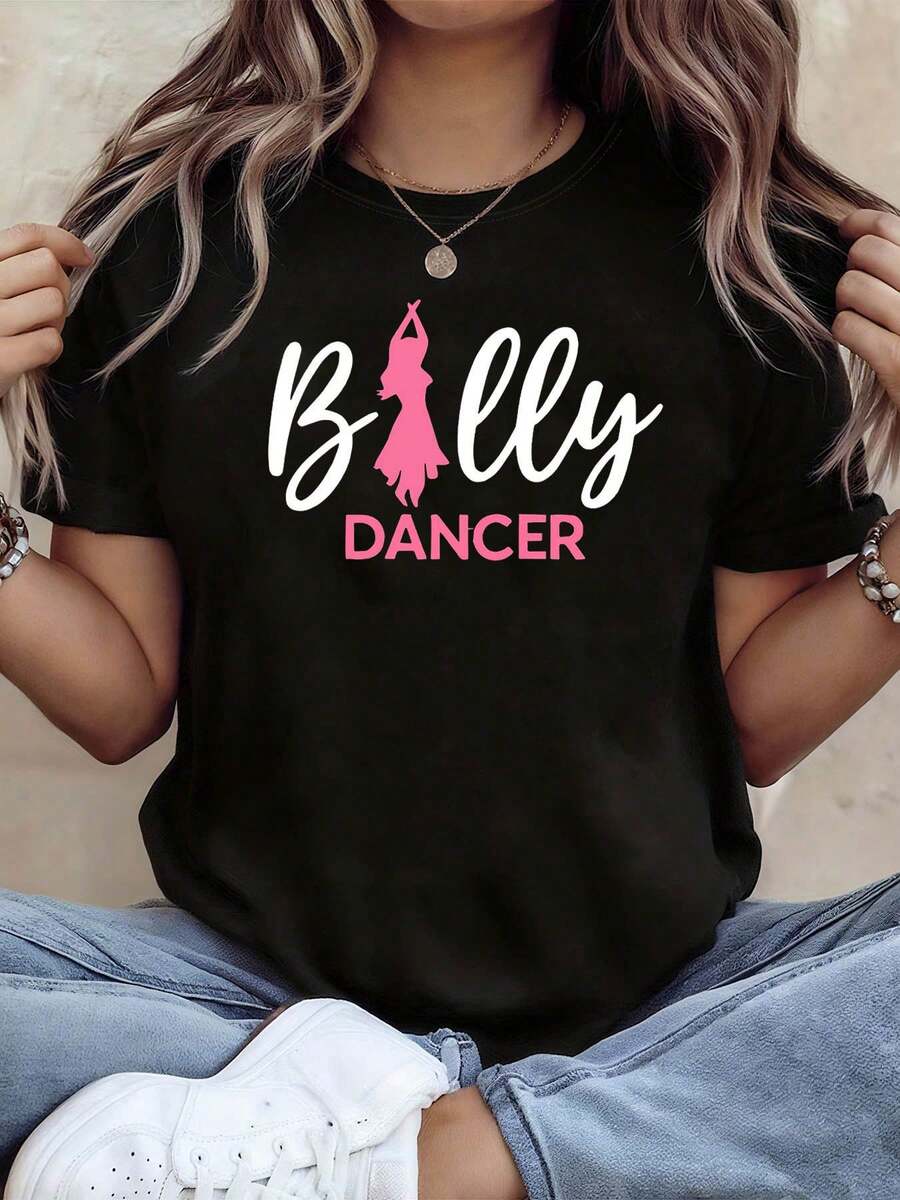 Plus Size Billy DANCER Women's Plus Size Ballerina Print T-Shirt - Short Sleeve Round Neck Stretch Blouse, Suitable For Dance Classes, Performances And Casual Wear, Spring Summer Smart Casual Outfits (Machine Washable) - 黑色 - 查看 1