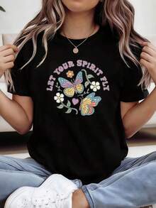Talla grande, camiseta de talla grande para mujer "DEJA VOLAR TU ESPￍRITU" - Top de estilo hippie de manga corta y cuello redondo con estampado de eslogan inspirador, blusa casual de primavera verano adecu para uso diario, atuendos para exteriores y autocuidado - Negro - Ver 2