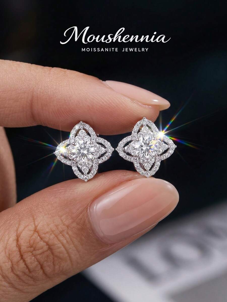 MOUSHEENIA 閃耀莫桑石四葉草耳釘 925 純銀鑲鑽花朵耳釘 優雅幸運珠寶女性禮物 - 耳環 - 查看 1