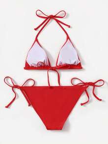 Women's Simple Solid Color Swim Bikini With A Halter Neck And Cutout, Suitable For Beach Vacations And Summer. - Red - View 2