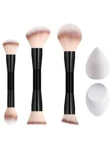 ronshadow Bộ 5 cọ trang điểm: 3 cọ trang điểm hai đầu + 2 bông mút trang điểm, bao gồm cọ má hồng tròn, cọ tạo khối vát và cọ tán kem nền dẹt. - Nhiều màu - Xem 13