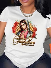 1 camiseta vintage de moda con estampado de la Virgen María de Guadalupe, unisex, de cuello redondo y manga corta, con diseño religioso, adecuada para uso diario, regalo de Navidad y Acción de Gracias, camiseta de moda para Año Nuevo, 180g 100% algodón. - Blanco - Ver 11