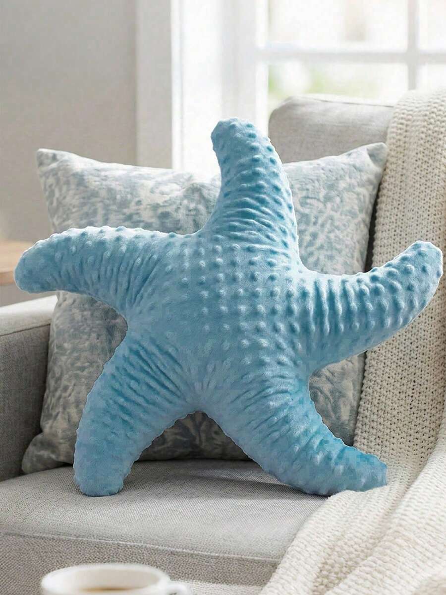 1pc Starfish Throw Pillow, Sofa Bed Decorative Cushion, Faux Fur Soft Pillow, Suitable For Bedroom, Living Room, Pillow Cover, Bedroom Decor, Outdoor Cushion, Garden Cushion, Create Summer Atmosphere - Blue - View 1