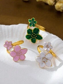 3pcs/Set Unique Design Sweet Five-Petal Flower Open Ring, Elegant Glazed Floral Dopamine Mood Ring, Delicate Daily Wear Open Band Ring - Flower Ring - View 3