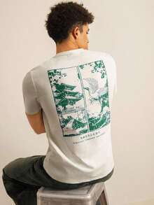 SWAVVY Men's T-Shirt With Crane Print And Slogans, Summer - 白色 - 查看 7