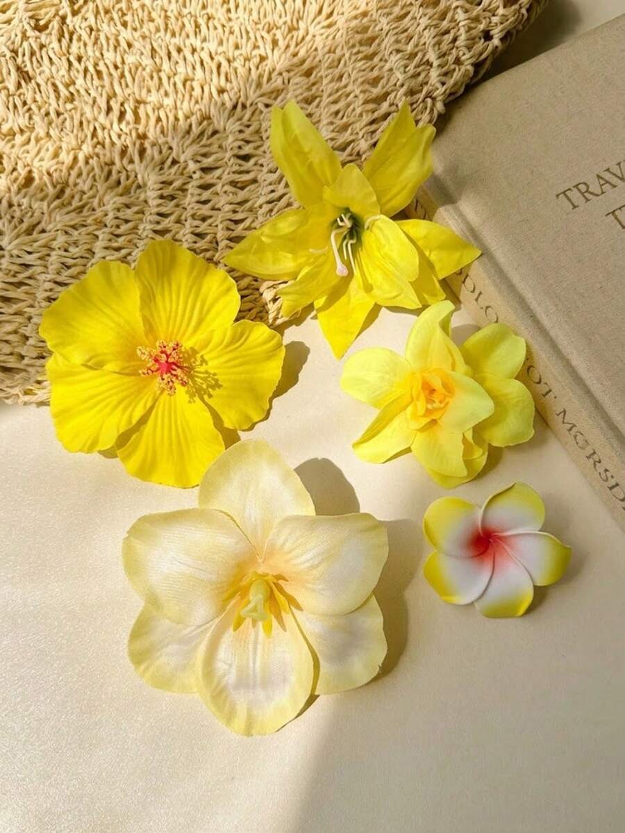 5pcs/Set Girl's Beach Holiday Hibiscus & Lotus Flower Hair Clips, Made Of High-Quality Materials With Yellow Flower Decor, Suitable For Fixing Flyaways And Bangs, Sweet And Fashionable Bohemian Style, Suitable For Daily Use, Festivals, Parties, Beach Trips, A Great Gift Accessory For Girls - Yellow - View 1