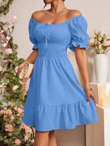 Vestido de manga abullonada con volantes y nudo delantero para el verano, ropa para Año Nuevo - Azul - Ver 5