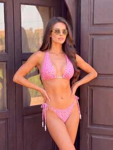 Bộ bikini 2 mảnh màu hồng in họa tiết quả anh đào, đồ bơi thanh lịch đính ngọc trai. - Nhiều màu - Xem 4