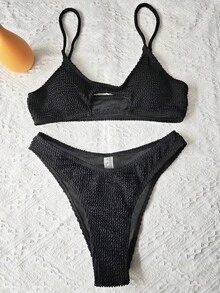 歐美新款夏季性感黑色比基尼，女款鏤空純色高腰墊肩兩件式坦基尼泳衣度假裝 - 黑色低腰 - 查看 3