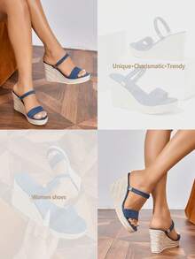 Women's Wedge Thick Bottom Sandals, Woven Straw Rope, Minimalist Strap Two-Way Wear Round Toe High Heel Slides - Blue - View 11
