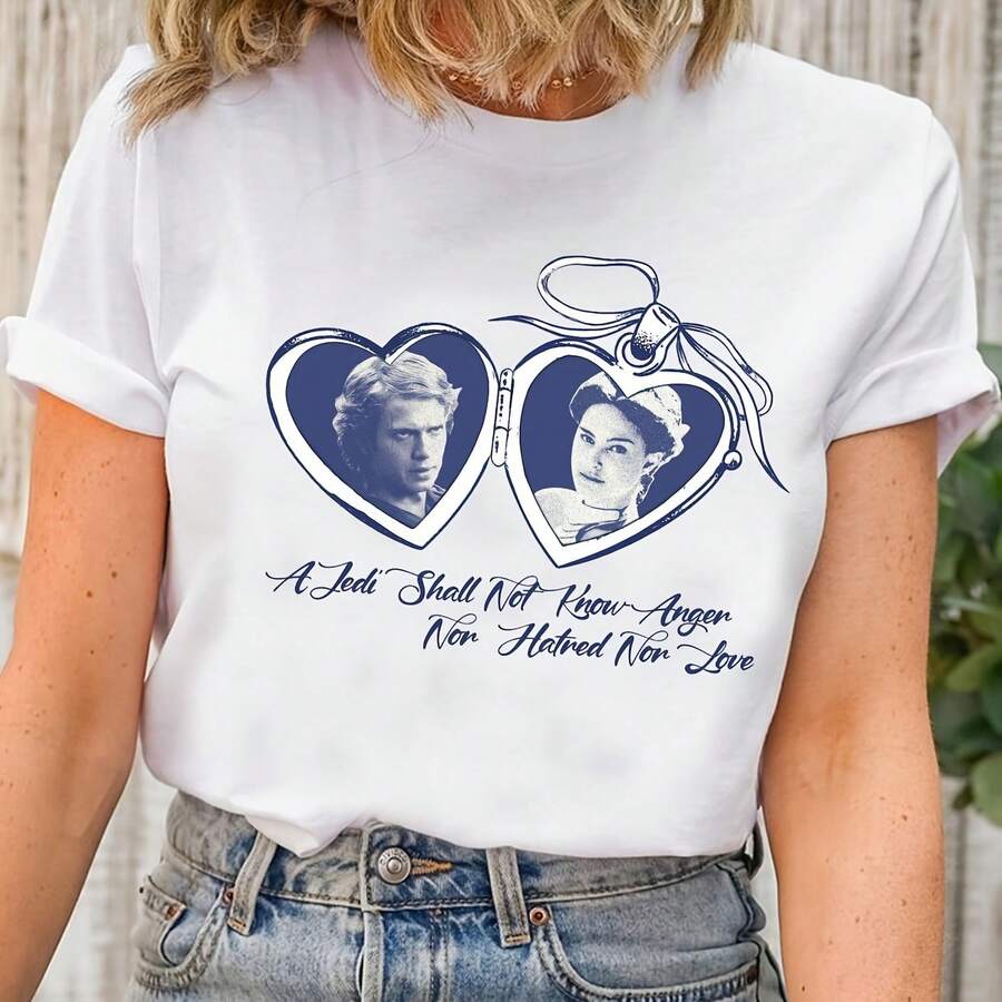 Hear Locket and Padme Amidala T-Shirt, Galaxy's Edge, Studios T, May The Force Be With You220g heavyweight 100% cotton T-shirt. Butterfly print. Unisex sizing. Round neck inspirational T-shirt. Cute and beautiful Y2K-inspired summer top, perfect for the outdoors, home, work, or street wear. Casual, loose-fitting everyday T-shirt. - Blanco - Ver 1