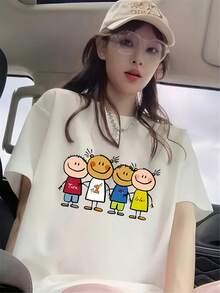 Camiseta de Manga Corta para Mujer - Diseño Holgado con Estampado de Dibujos Animados #3333 - Blanco - Ver 6