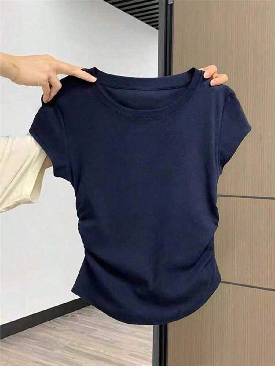 Camiseta casual versátil de mujer de unicolor, cuello redondo, manga corta y plisada - Azul marino - Ver 1