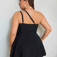 Swim Lushore Plus Size Solid Color One-Piece Tankini Swimsuit - Café integral - Ver 3