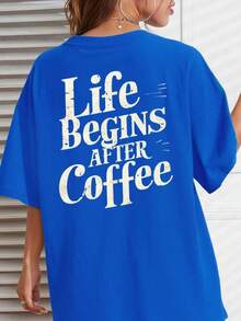 Graphic T-Shirt For Coffee Lovers, Short Sleeve Cotton T-Shirt With Round Neck, Double-Sided Print, Casual Fashion For Women (1 Piece) 100% Cotton, Soft Fabric - 藍色 - 查看 3