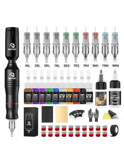 DQFART Wireless Tattoo Gun Kit, Includes 1200mAh Tattoo Battery, Digital Display, Tattoo Pen Set, Suitable For Beginners And Tattoo Artists, Comes With 10 Tattoo Needles, 10 Tattoo Inks, Tattoo Transfer Gel, Tattoo Ink Diluter, Various Tattoo Supplies And Accessories, Excellent Performance, Suitable For Halloween, Christmas And Other Occasions.
