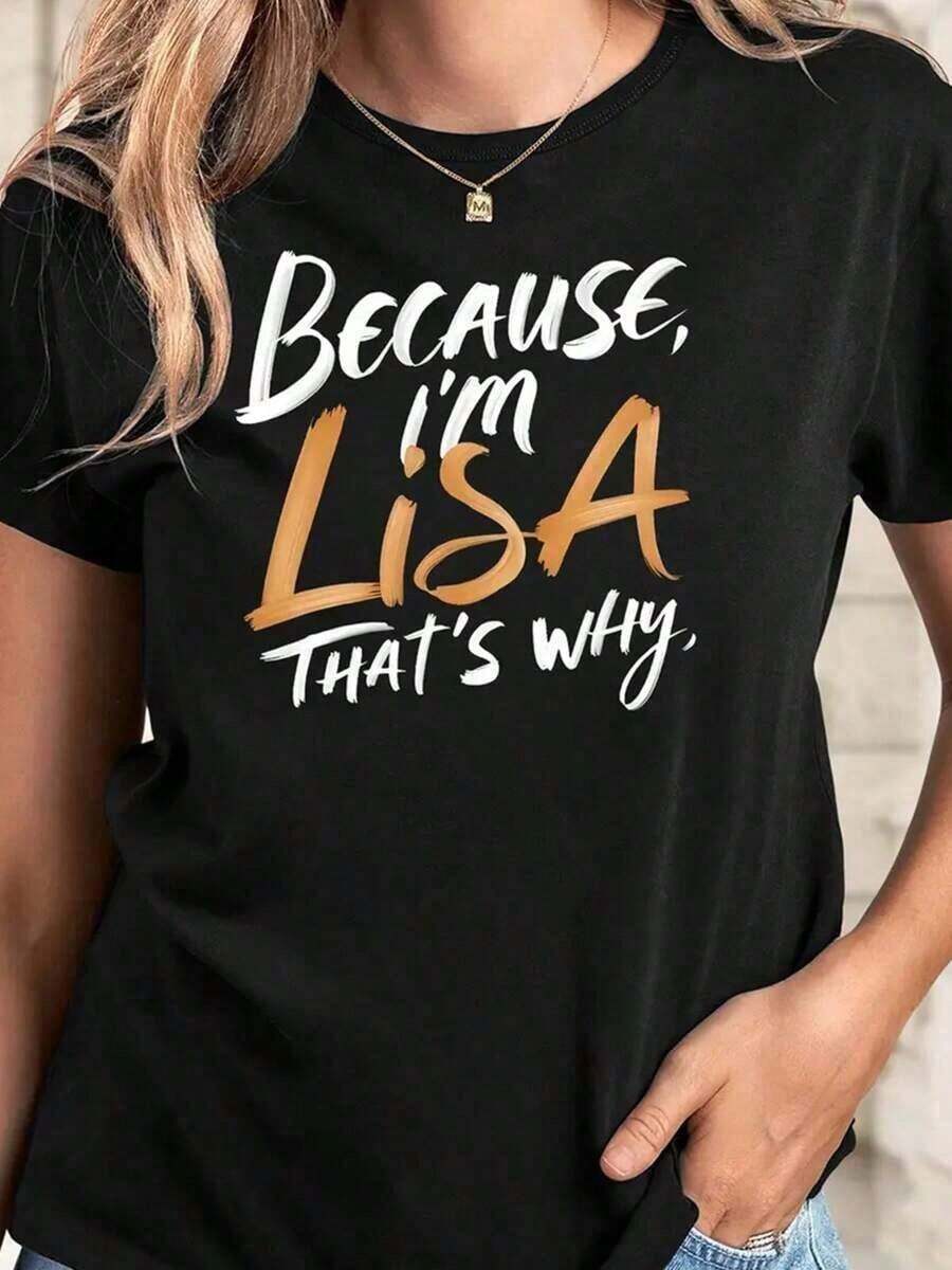Camiseta de Mujer con Estampado 'Porque Soy Lisa, Por Eso' para Primavera y Verano, Camisetas Gráficas de Moda, Holgadas, Casuales, Deportivas, de Cuello Redondo y Manga Corta, Ropa de Verano, Camisetas Informales, Conjuntos de Vacaciones para Mujer, Diseño Juvenil y Moderno, ropa de calor mujer, blusas de mujer, tallas S-3XL. - Negro - Ver 1