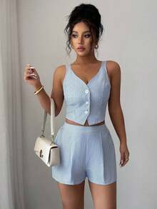 de 2 piezas de top con botones delanteros y dobladillo con abertura + shorts de unicolor casual y de uso diario para mujer - Azul y blanco - Ver 7