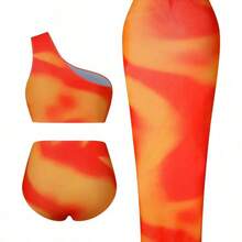 Swim Oasis Plus Size Women's High-End Oasis 3-Piece Set: Yellow Ombre Print One-Shoulder Pleated High-Waist Pants Suit With Ombre Placement Print Mesh Skirt, Summer Beach Resort - Multicolor - Ver 5
