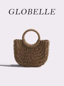 GLOBELLE 女士草编手提包，配海星贝壳链 - 手工编织顶部提手沙滩包，波西米亚风夏季度假手提包，适合旅行、泳池、日常使用 - 棕色 - 查看 5