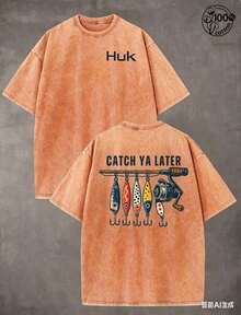 Summer Tops2026Retro "HUK" Fishing Pattern, CATCH YA LATER, Fishing T-Shirts, Men And Women's T-Shirts, Fall Clothes, 230G Wash Cotton High Quality Cotton Printed T-Shirts, Men Clothes, Suitable For Street Retro And Outdoor Sports And Leisure, Comfortable And Stylish, Y2k Clothes, Funny T-Shirts, Streetwear, Perfect Gift. Summer Clothes - 珊瑚橙 - 查看 8