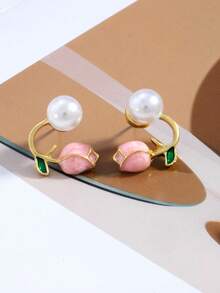 1 Pair Cute, Sweet, Minimalist Rose Flower Earrings, Korean Style, Nature Inspired (Color Gradient Random, Card Not Included) - Multicolor - View 4