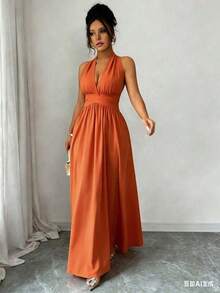Elegante vestido sin mangas con cuello en V, diseño hueco en la cintura y pliegues, color morado, nueva llegada de primavera/verano - Naranja - Ver 5