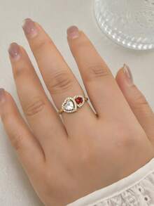1pc Fashionable Heart Zirconia Open Ring, Sweet Luxury Gold Stackable Rings For Women, Y2K Style Pink & White Heart Zirconia Adjustable Gold Open Ring, Versatile Daily Wear, Multiple Styles Of Heart Drip Oil Rhinestone Rings, Gift For Girlfriend, Jewelry - Multicolor - View 15