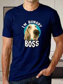 Camiseta de algodón suave y pro - piel para hombres Camiseta de manga corta negra con estampado de perro y texto I M HUNGRY BOSS para uso diario ocasiones sociales y temporada informal Diseño clásico de cuello redondo, ligero, cómodo y sin sudor, divertido regalo de vacaciones - Azul marino - Ver 6