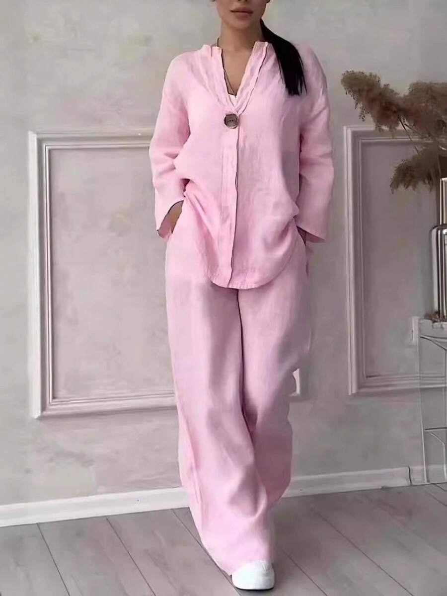 Casual Linen Co-Ord Set Ladies With Single Button Detail And Elastic Waist Trousers - Hồng - Xem 1