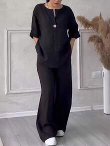 Casual Linen Co-Ord Set Ladies With Single Button Detail And Elastic Waist Trousers - Black - View 1