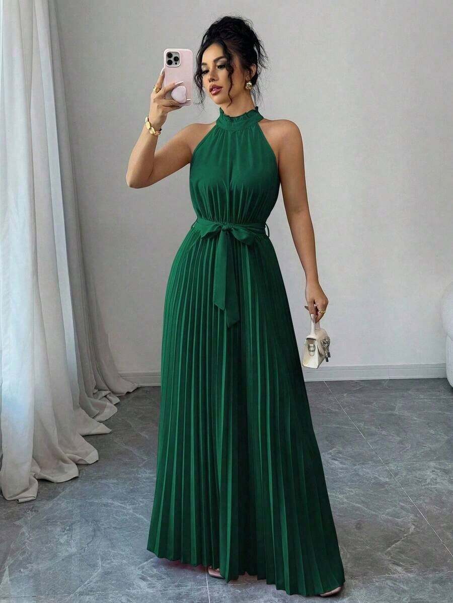 Vestido elegante de corte evasé para mujeres con cuello de volantes y cintura ceñida para el Día de San Valentín, romántico - Verde Oscuro - Ver 1