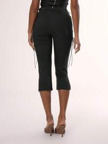 Pantalones capri con cordones laterales, estilo veraniego Y2K de los 90, lindos y sexys para vacaciones, elegantes y lindos para festivales de Ibiza, fiestas y primavera, de uso casual - Negro - Ver 2