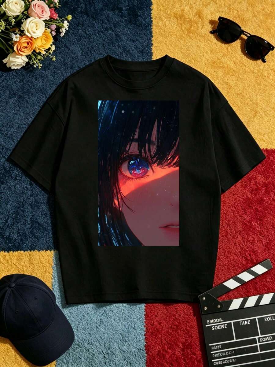 Camiseta casual de verano para hombre con un llamativo estampado de "Ojo de Galaxia", corte holgado, ideal como prenda versátil para parejas, adecuada como regalo familiar para las vacaciones, blusas para mujer, playeras de mujer, blusas casuales para dama, tops, ideal para fiestas y uso diario, perfecta para vacaciones y momentos de ocio, excelente para fiestas y vacaciones en familia. - Negro - Ver 1