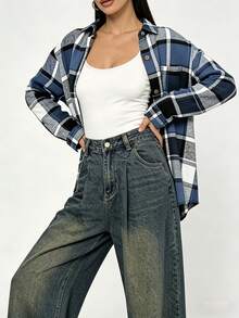 Womens Oversized Plaid Flannel Shirt Casual Long Sleeve Button Up Shacket Jacket For Fall Winter Streetwear - Màu xanh lam - Xem 2