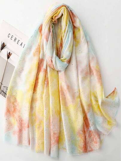 Watercolor Gradient Scarf, Chinese Style Versatile Shawl, Lightweight Breathable Long Scarf, Floral Print Fabric For Commuting, Travel, Beach