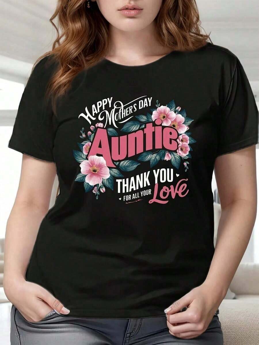 Camiseta de Mujer con Texto "Feliz Día de la Madre y Tía" - Manga Corta, Cuello Redondo, Estampado Floral Vibrante en Rosa y Azul, Blusa de Primavera Verano para Regalos a Mamá o Tía, Camisetas Cómodas para Damas - Negro - Ver 1