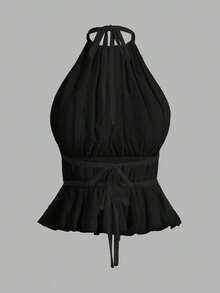 Top de tirantes sin espalda con cuello de halter y cintura anudada plisada para mujer - Negro - Ver 5
