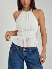 Top de tirantes sin espalda con cuello de halter y cintura anudada plisada para mujer - Blanco - Ver 9
