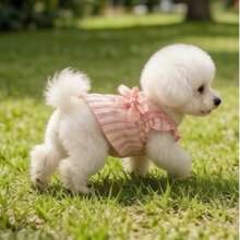 Vestido con estampado de perro estilo princesa con lindas mangas abullonadas, diseño de gato a rayas y lazo, ropa para mascotas, primavera/verano - Rosa - Ver 1