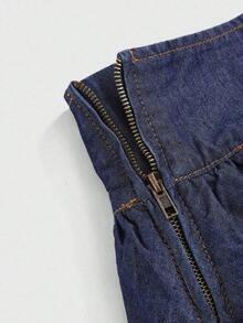 Grunge Punk Vintage Blue Y2K Millennium Style Ultra Low Waist Sexy Ruffle Hem Mini Denim Skirt - Lavado oscuro - Ver 3