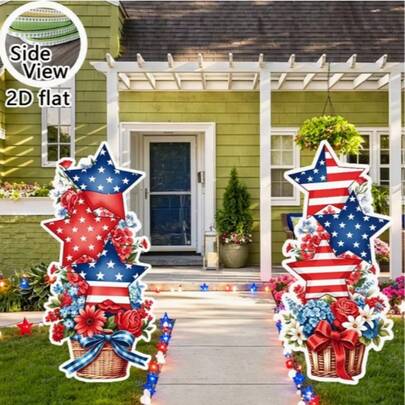 2D Flat Print Acrylic 4th Of July Floral Basket With Five-Pointed Star, Patriotic Holiday Style, American Flag Five-Pointed Star + Floral Basket Print, Red White Blue Contrast Color, Floral Basket Five-Pointed Star Combination Design, High Definition UV Printing, Pointed Stake Rod Design, Suitable For Yard, Lawn, Garden, Outdoor Decoration For Independence Day / Memorial Day