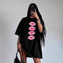 Top de Verano 2026, Estilo Europeo y Americano, Sexy, Dulce y Picante, con Estampado de Labios, Holgado, Versátil y a la Moda - Negro - Ver 2