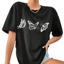 2025 Nueva Camiseta de Verano con Estampado de Mariposas, Estilo Europeo y Americano, Cuello Redondo, Casual y Sencilla, en Stock - Negro - Ver 6