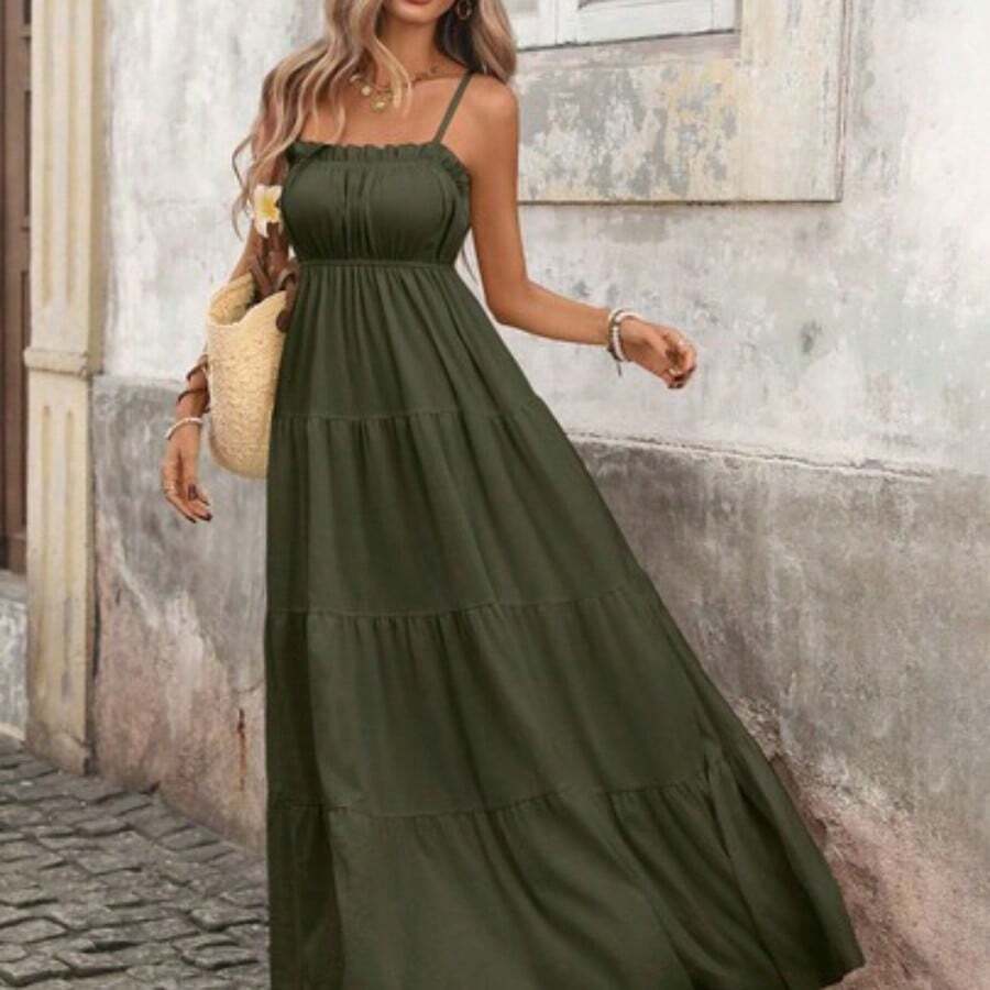 PariChic Women's French Style Vacation Spaghetti Strap Frill Trim Waist Fitted Long Textured Yellow Dress, Spring/Summer Yellow Maxi Dress Women Women Vacation Dress Yellow Sundress Women Long Sundress - Verde militar - Ver 1