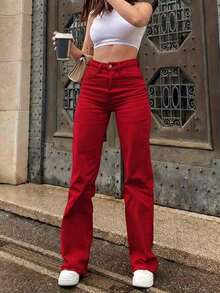 Jeans de cintura alta, unicolor, de corte y ajustado, de estilo minimalista y versátil para mujer, aptos para uso casual, viajes, citas, todas las estaciones, vuelta al colegio, Pascua, Día de la Independencia, Carnaval, Navidad, primavera - Rojo - Ver 6