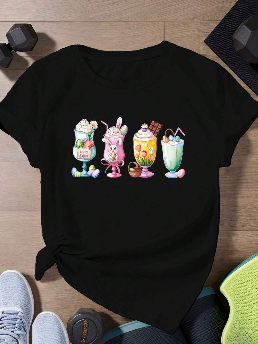 Oferta por tiempo limitado, compra limitada, flash oferta,blusas para dama casuales,poleras mujer,playeras de mujer>algodon,blusas>elegante,Bebidas con temática de Pascua.Camiseta deportiva de manga corta para mujer. - Negro - Ver 1